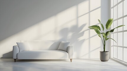 Poster - Minimalist Living Room with Large Window and Single Houseplant