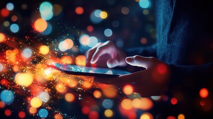 Poster - Hands Using Tablet with Colorful Bokeh Background