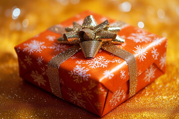 Christmas wrapped gift on the yellow background