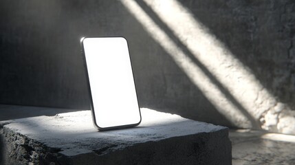 Leinwandbilder - A sleek smartphone stands upright on rough concrete, illuminated by soft natural light from an industrial gap, creating a striking focal point in the dim surroundings.