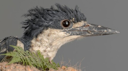 Wall Mural - Close-up portrait of a bird with black and white feathers, looking to the right, with green leaves in the foreground.