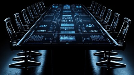 Poster - A high-tech conference table with digital displays and a modern design, illuminated against a dark background, ideal for collaborative meetings or presentations.