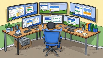 Poster - A detailed workspace featuring multiple screens, a computer setup, and plants, ideal for productivity and multitasking.