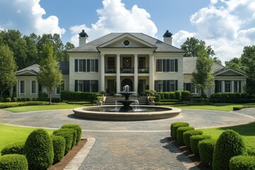 Luxury estate with a grand entrance, circular driveway, manicured lawns, fountain centerpiece, stately and elegant exterior