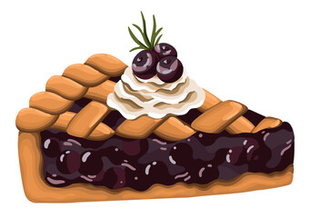 Blueberry pie with cream and jam. Dessert. Vector.