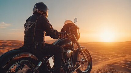 Motorcycle Rider at Sunset in the Desert