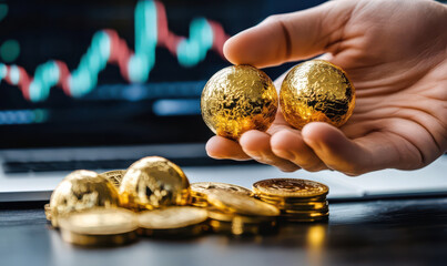 Hand holding two golden spheres, with pile of gold coins and stock chart in background