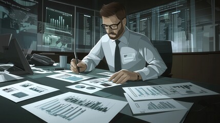 Poster - A focused analyst reviews data reports at a desk, surrounded by papers and technology, embodying professionalism and concentration.
