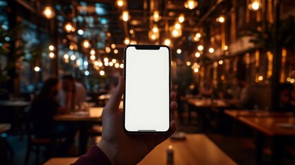 Poster - In a cozy restaurant setting at night, a person presents a smartphone with a blank screen, surrounded by warm ambient lighting and patrons enjoying their meals at nearby tables.