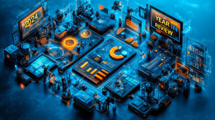 Poster - Comprehensive 2024 Business Year in Review with Financial Charts and Data Analysis Isometric Illustration