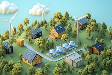 Illustrate a largescale renewable energy project in isometric 3D, with wind turbines powering both homes and hydrogen energy storage systems