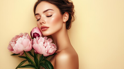 Beautiful calm woman with clean, fresh skin holds a bouquet of peonies on pastel yellow background with copy space,