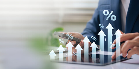 Aufkleber - A businessman studies a digital chart with upward arrows and percentage symbols, representing financial growth, progress, and investment returns.