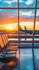 Aufkleber - Empty seats are illuminated by a vibrant sunset while airplanes are parked on the tarmac outside a large window in an airport terminal