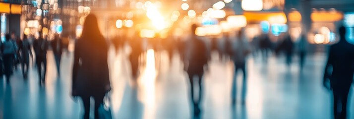 Busy airport terminal with rushing people, creating a modern urban scene of travel and commuting. Bokeh lights add anonymity to the crowd, highlighting the excitement of arrival and departure