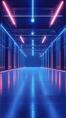 Fototapete - A futuristic corridor featuring vibrant blue and pink neon lights reflecting off a polished floor, creating a striking visual effect.