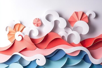 Fototapete - Colorful paper waves with clouds, modern abstract design, white isolate background.