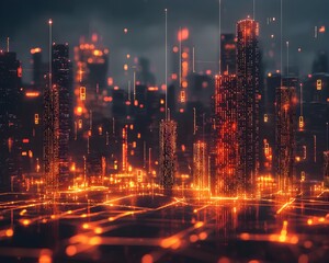Poster - futuristic smart city with blockchain powered digital hubs and interconnected infrastructure