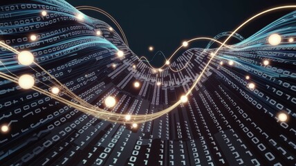 Digital data stream flow. Abstract binary code wave; symbolizes data flow, connectivity, and digital transformation.  Future tech concept.