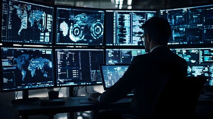 Poster - Cybersecurity Expert Analyzing Threat Data Streams on Multiple Screens to Identify and Neutralize Cyber Attacks