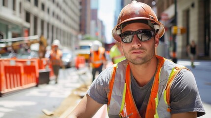 Construction worker in safety gear at urban roadwork site.