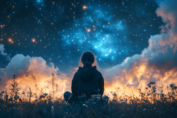 Wall Mural - A woman is sitting in a field of grass, looking up at the stars