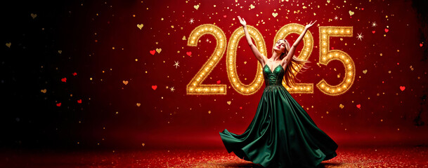 Poster - Elegant Woman Celebrating New Year 2025 in Evening Gown with Sparkling Red and Gold Background. banner