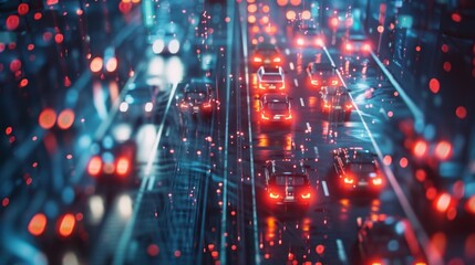 Poster - Self driving cars moving on a futuristic intelligent road system with glowing lights and data points, representing the concept of smart city and autonomous transportation
