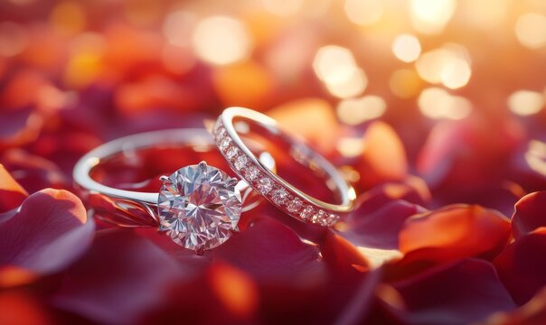 3D diamond wedding rings placed on a bed of rose petals, with sunlight reflecting off the diamonds