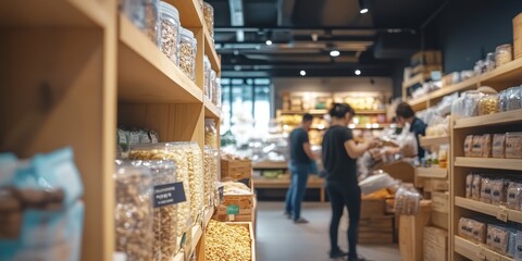 two shoppers exploring a modern health food store filled with jars of organic products.