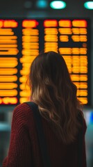 Poster - Traveler is looking at the timetable board at the airport, checking her flight information for departure and arrival times