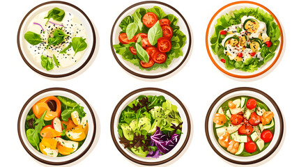 A collection of six plates of food, including salads and other dishes