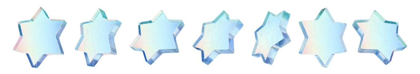 Wall Mural - 3D glass star icon set, transparent blue crystal shape, futuristic y2k ice geometric object. Broken surface crack texture, winter Christmas decoration, realistic holiday sticker. 3D star collection