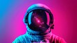 © Anna - Astronaut helmet with cosmic galaxy reflection against neon pink and blue gradient background.
