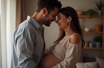 A married couple, a man and a girl, expecting a baby. The miracle of pregnancy.