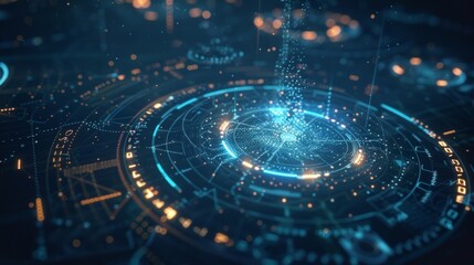 Poster - Futuristic hologram showing rotating circles and data flowing, representing advanced technology, innovation, and the digital age
