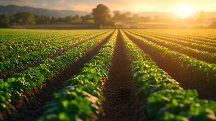 Wall Mural - A field of green plants with a sun in the background