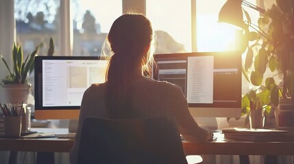 Poster - Woman Working at Desk with Computer in Natural Light