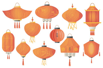 Aufkleber - Cartoon chinese lanterns mega set elements in flat graphic design. Collection objects of different shapes hanging red lanterns, tradition festival paper lamps with ornaments. Vector illustration.