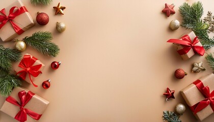 top view festive christmas decorations on beige background flat lay frame border of gift boxes with 