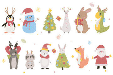 Poster - Christmas cute characters mega set elements in flat graphic design. Collection objects of penguin with deer antlers, snowman in hat, Santa Claus, festive tree, rabbit, other. Vector illustration.