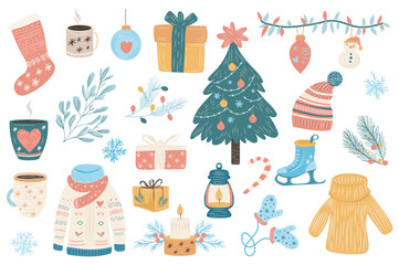 Poster - Christmas mega set elements in flat graphic design. Collection objects of sock, cup, ball toy, gift, tree with decoration, garland, hat, fir brunch, snowflakes, sweaters, other. Vector illustration.