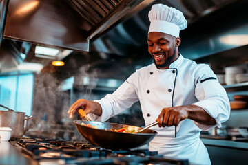 Smiling chef in uniform preparing a dish in a commercial kitchen, surrounded by cooking equipment and vibrant food ingredients