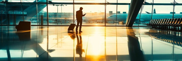 Aufkleber - Businessman is standing in an airport terminal, using a smartphone and waiting for his flight. The sun is setting outside the windows, casting a warm glow on the scene