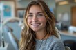 © denklim - Young woman smiling in a dental clinic, showcasing a bright atmosphere and a modern interior during a routine checkup