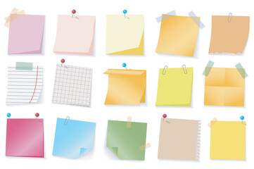 Poster - Colored paper stickers mega set elements in flat graphic design. Collection objects of different note pages with sticky tapes or pins, to do lists, reminders and memo messages. Vector illustration.