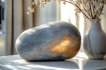 A smooth, illuminated stone lamp rests on a table, radiating warmth and natural beauty.