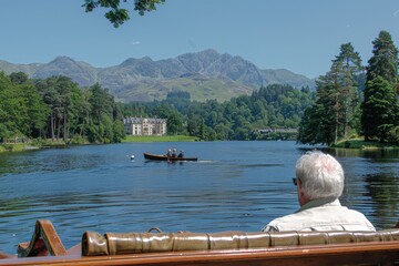 A peaceful afternoon by the lake with scenic mountains and a leisurely boat ride in the background on a sunny day