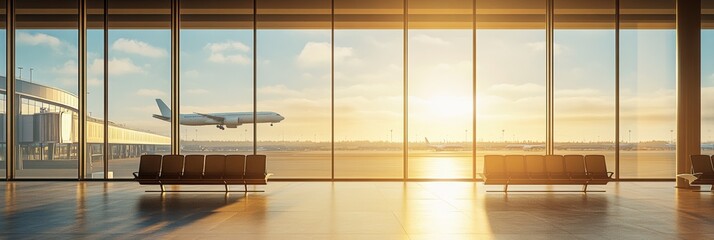 Poster - Empty airport terminal at sunset with a passenger jet landing in the background. The sun is setting and the sky is orange and yellow