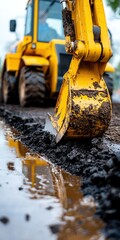 A yellow excavator digs into muddy terrain, revealing dark soil and water puddles, highlighting construction and earth-moving activities.